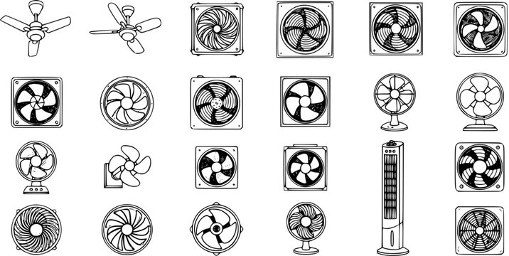 Collection of various fan icons, including ceiling, desk, tower, and computer fans for cooling and ventilation systems in outline vector style.