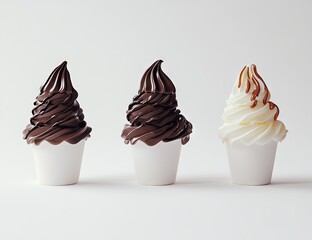 Trio of cups with flavors: Three cups of soft‑serve ice cream—two chocolate and one vanilla with caramel drizzle—arranged neatly