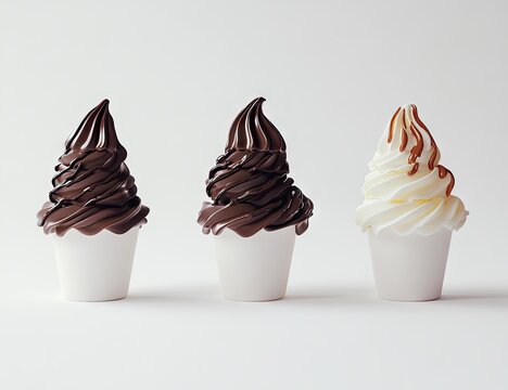 Trio of cups with flavors: Three cups of soft‑serve ice cream&mdash;two chocolate and one vanilla with caramel drizzle&mdash;arranged neatly
