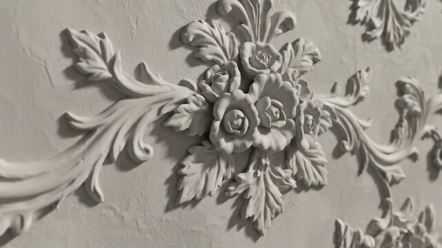 A refined white embossed floral pattern flows across the frame with botanical blossom and leaf detail in elegant textured relief.