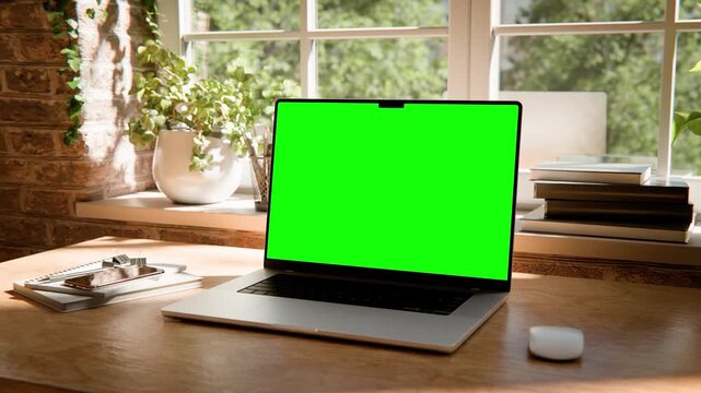 Laptop Screen Mockup Animation &ndash; Industrial Loft Interior with Plants - Right perspective zoom to the screen