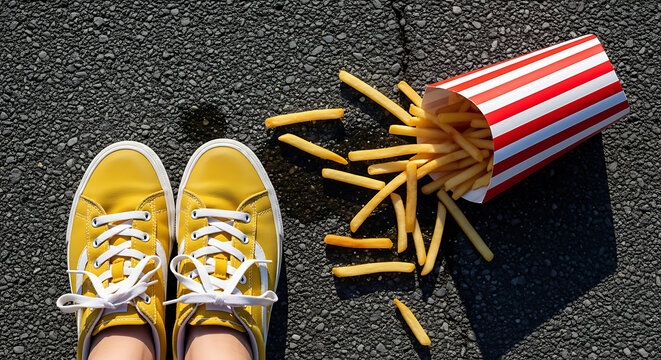 Unfortunate fast food mishap Golden french fries scattered on dark asphalt beside vibrant yellow sneakers