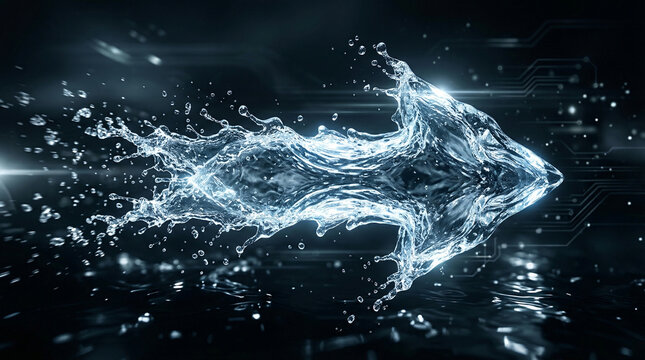 A futuristic and innovative arrow created from a vigorous water splash, seamlessly integrated with glowing digital circuit board elements, a dark, reflective environment.