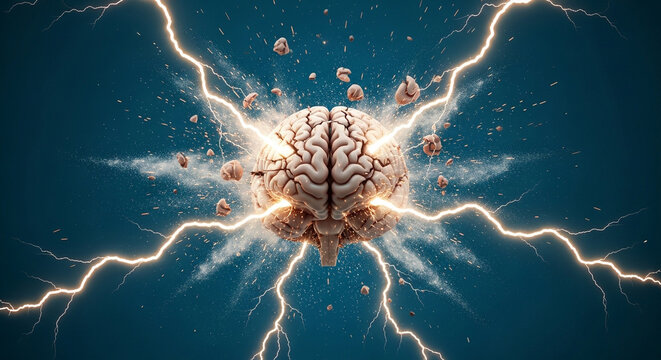 Glowing Brain Exploding with Lightning Bolts on Deep Blue Background
