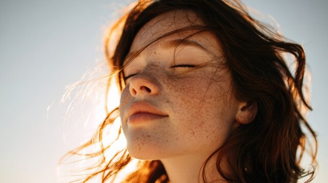 Person Enjoys Warm Sunlight With Eyes Closed and Hair Flowing in Gentle Breeze During Sunset in a Natural Setting