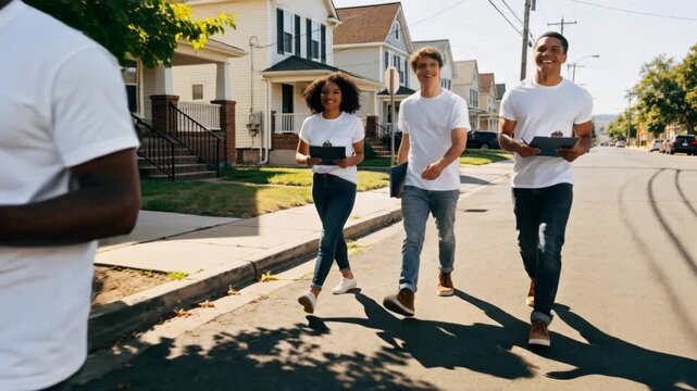 Walking quartet checking black clipboards on sunny street, inspecting homes, wearing white tees