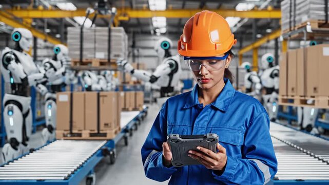 Loading and monitoring operations. A female worker in uniform uses a tablet to observe and monitor the androids as they load and unload the conveyor belts