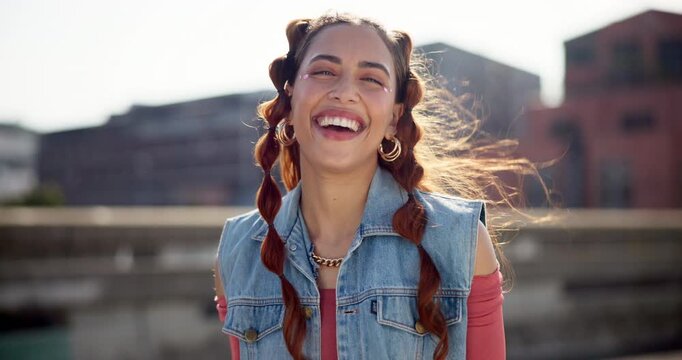 Girl, smile or makeup with fashion in city for streetwear, trendy style or festival outfit aesthetic. Woman, person or laughing portrait on town bridge with col clothes, edgy hairstyle or confident