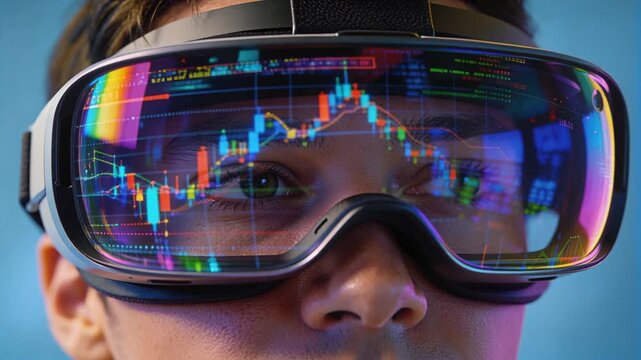 Watching man in ARVR headset studying pricecharts as overlays appear to trade in studio, head strap
