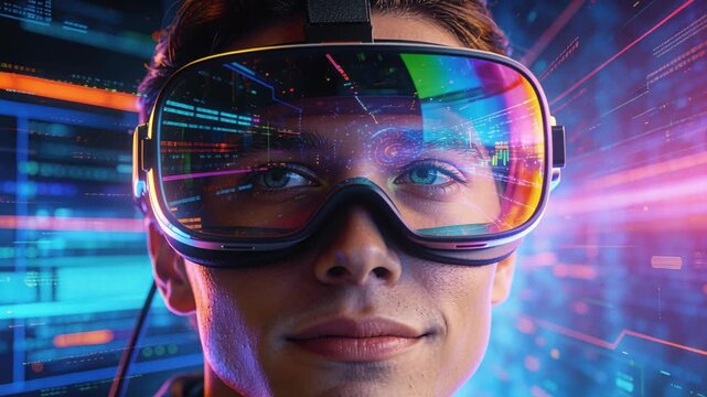 Reacting to system boot, male teen wearing dark jacket testing VR headset in studio, exploring HUD