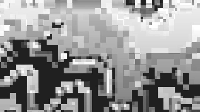 Monochrome 8-bit digital noise with pixel sorting distortion. Low poly datamosh artifacts create a broken screen effect with displacement for retro tech and cyberpunk design overlays.