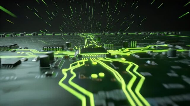 Camera pulling back from PCB on dark table, IC pulsing neon traces, sparks initiating visualization