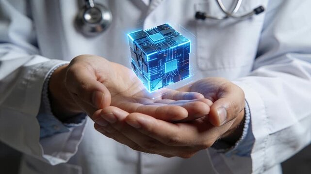 Holding MD's cupped hands, faint blue outline appearing, cube forming above palms with stethoscope