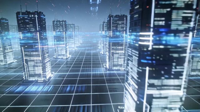 Advancing camera revealing lit towers on grid sending blue data linking nodes, showing links