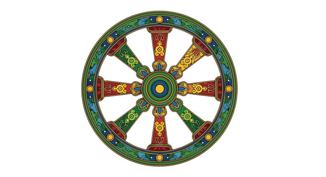 Colorful Buddhist Wheel of Dharma Symbol.
