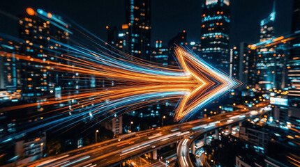 Obraz premium A brilliant arrow formed from energetic light streams races over a highway interchange at night, symbolizing accelerated growth and connectivity in a modern city.