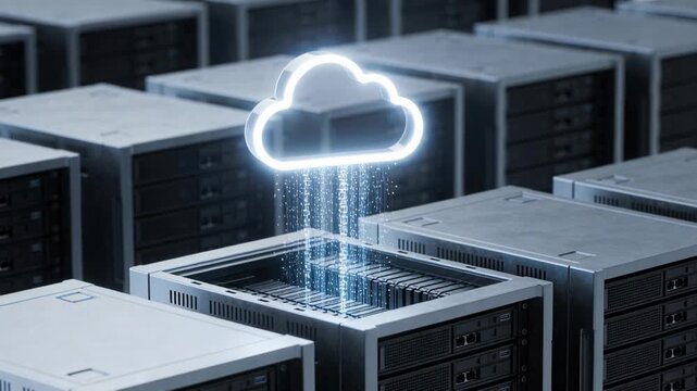 Materializing cloud icon sending data streams into open server chassis at data center, syncing