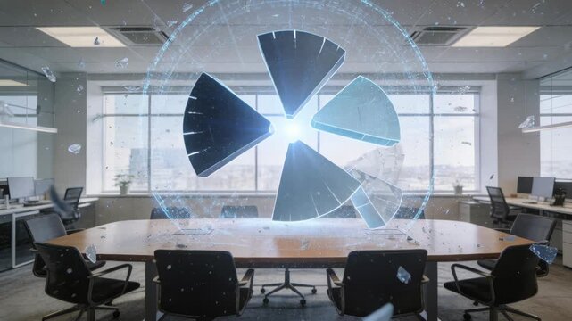 Appearing blue pie hologram flashing, cracking, and breaking above conference table, sending shards