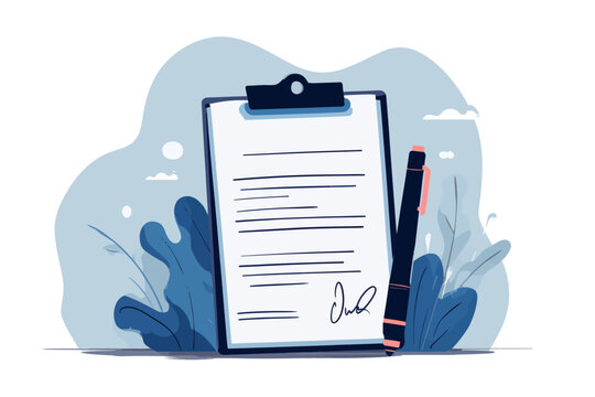 Clipboard with document and pen illustration with signature