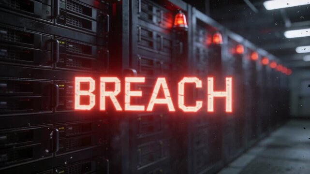 Sparking glowing padlock cracking apart in server aisle, releasing BREACH text signaling breach