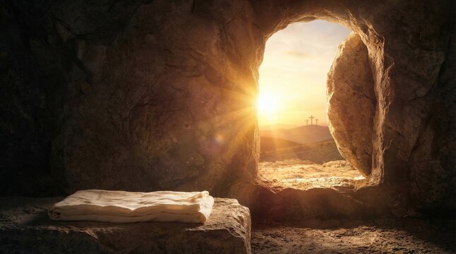 Empty tomb of Jesus Christ with burial shroud on stone slab. Resurrection of messiah at sunrise with three crosses on hill. Holy religion concept of Easter Sunday faith victory.