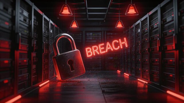 Impact near keyhole causing padlock cracking and ejecting shards in server room neon BREACH pulsing