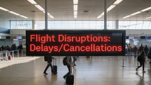 Showing Flight Disruptions sign at terminal, travelers checking phones for updates and pulling bags