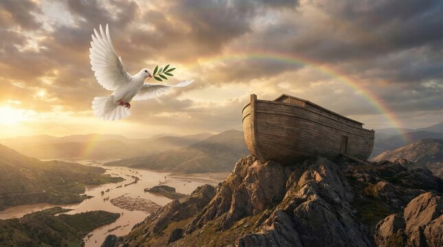Noah ark sitting on mountain top with white dove holding olive branch flying under rainbow. Biblical story illustration. Religious scene of hope, peace and salvation from the flood.