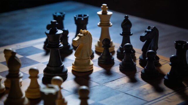 Dramatic close-up of chess pieces on a wooden chessboard representing strategy, intelligence, planning, and competition in a classic tactical board game.