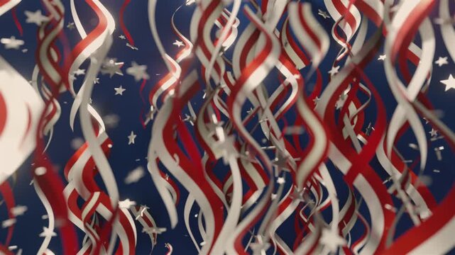 4k Seamless loop of abstract patriotic ribbons and stars for national celebration backdrop, VJ sets, high-tech club visuals,  electronic music festivals, stage screens and for LED video walls