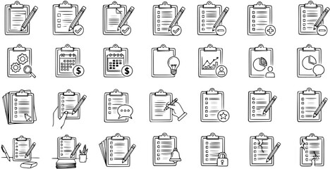 Fototapeta premium Clipboard Icons Set: Hand-Drawn Checklists Task Management Symbols