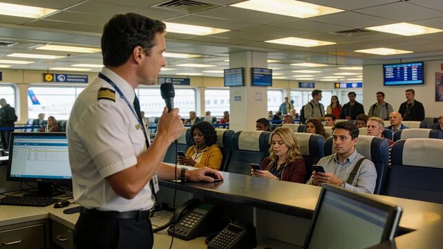 Picking up microphone captain in uniform announcing boarding at gate, scanning passengers on phones