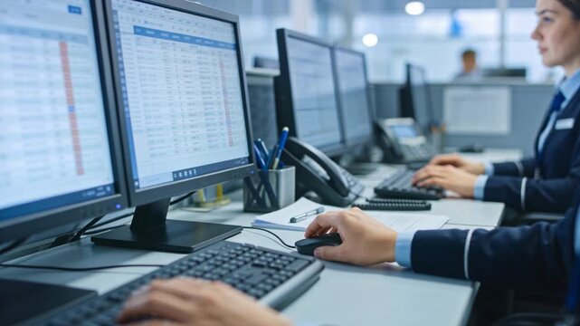 Typing worker's forearms and hands in dark blazer updating spreadsheets on monitors in office