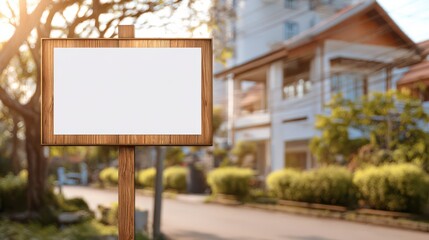 Fototapeta premium Charming empty signboard near cozy suburban home