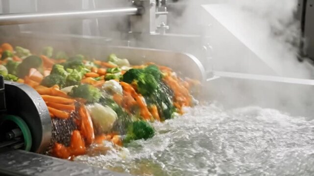 Fast Food Preparation Environment. High Pressure Wash Highlights Clean And Hygienic Food Handling. Steam And Water Splash Depict Rapid And Sanitary Vegetable Cleaning In Factory Setting