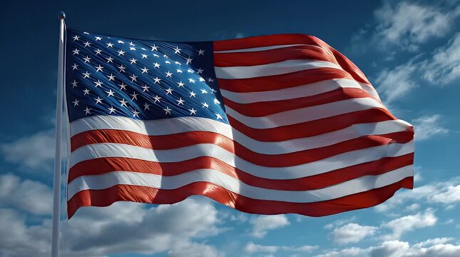 American Flag Waving in Blue Sky.