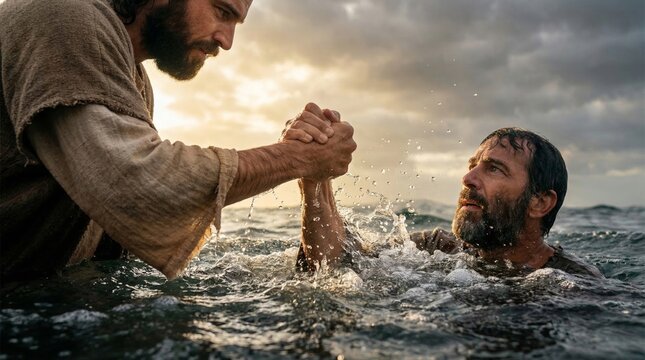 Jesus reaching out to help a drowning man in water. Biblical scene showing divine salvation and faith. Concept of rescue, mercy, redemption, and Christian belief in difficult time.