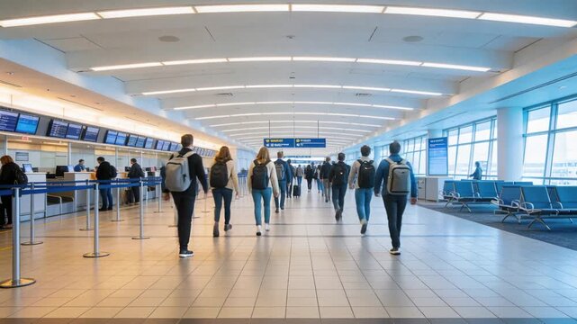 Walking center man pulling black rolling bag down hall, people with backpacks filling path to gates