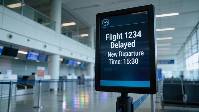 Panning camera showing flight sign 1234 delayed 15:30 at terminal, alerting public, copy space