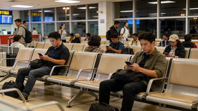 Reacting to flight update, man in olive jacket checking phone adjusting carryon at gate, copy space