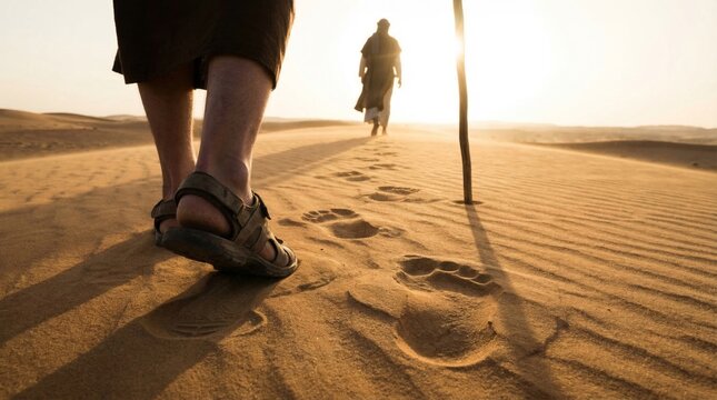 Jesus walking in desert with disciple leaving footprints in sand. Biblical scene depicting faith and following. Spiritual journey, religious pilgrimage and christian concept background.