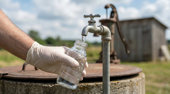 Gloved hand collecting water sample from outdoor pump