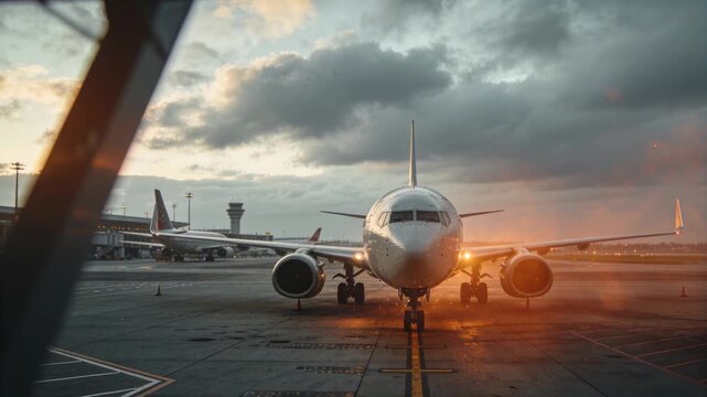 Taxiing narrow-body jet with engines running and lights on, apron taxi centerline heading for gate