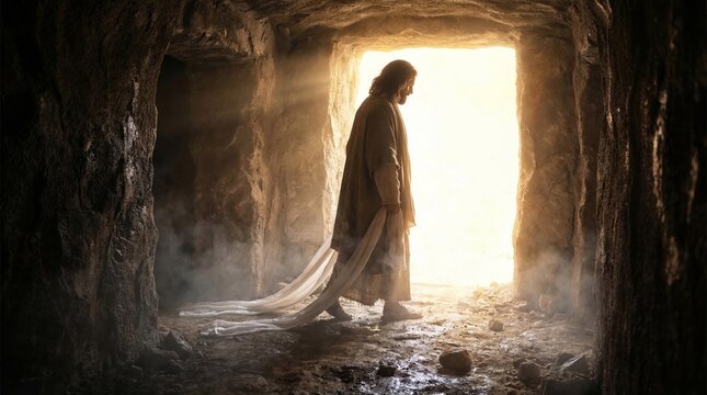 Jesus walking out of the tomb into the light. Man in biblical robe emerging from a dark cave into bright sunrise. Christian depiction of the resurrection. Easter religious concept.
