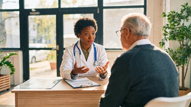 Beginning speech, doctor in lab coat explaining forms at office desk, clipboard visible