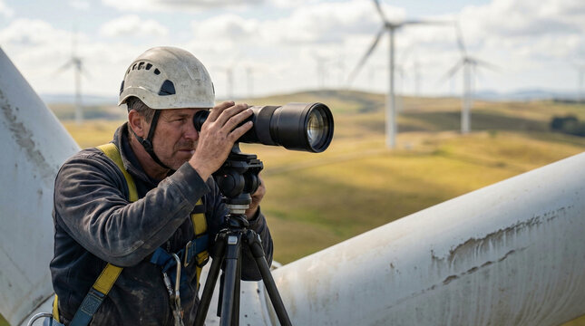 Wind turbine engineer looking through telephoto surveying lens