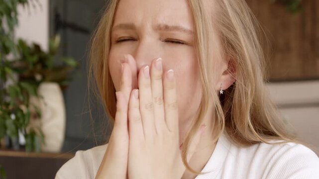 Worried woman, having psychological problem, feeling stress and panic attack. Upset frustrated lonely female thinking of trouble. Mental health concept.