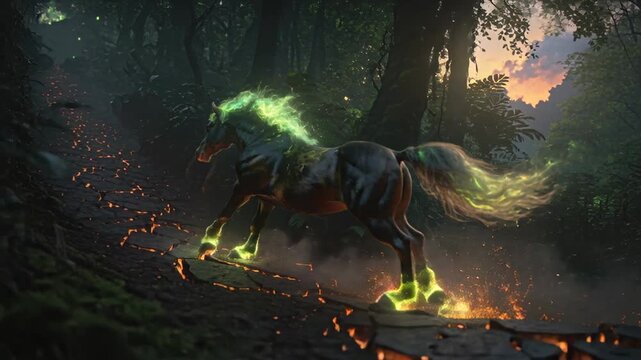 Shifting large dark horse stepping in dense forest, green mane flowing, hooves sparking lava cracks