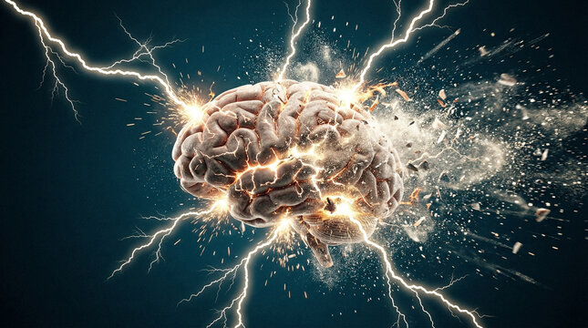Human Brain Exploding with Lightning Energy Sparks on Dark Background