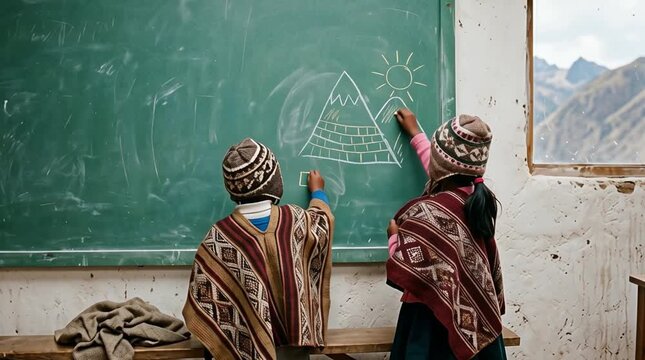 Dos niños andinos dibujando en una pizarra en un colegio rural